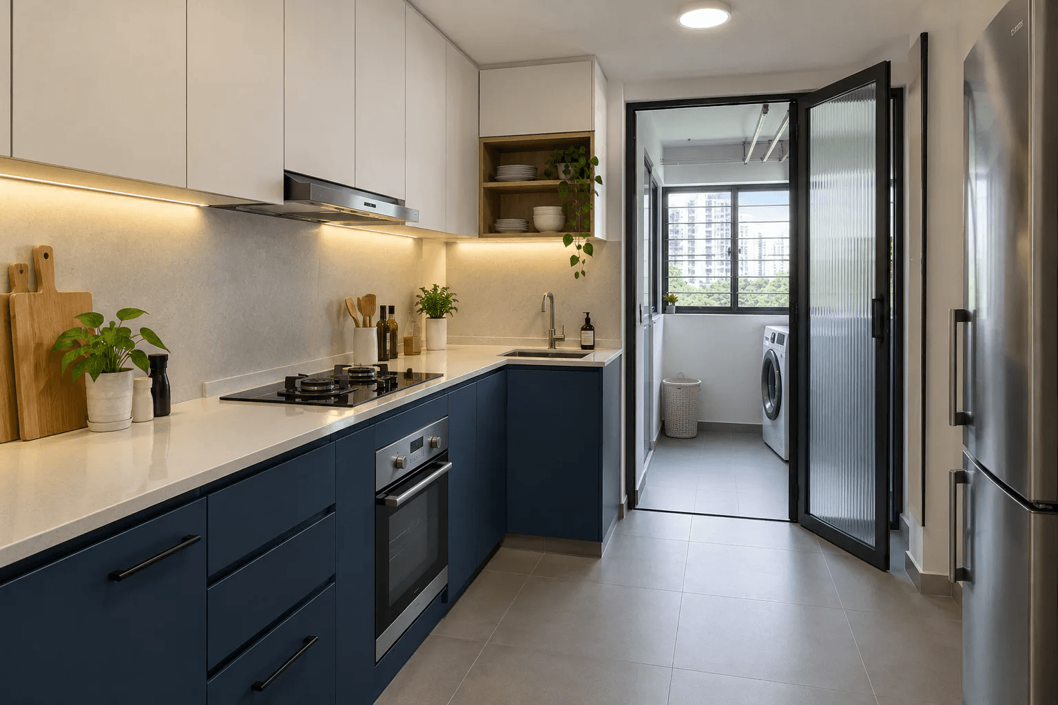 Contemporary Singapore HDB kitchen with deep blue lower cabinets, pale worktop, fluted glass door and practical service-yard access