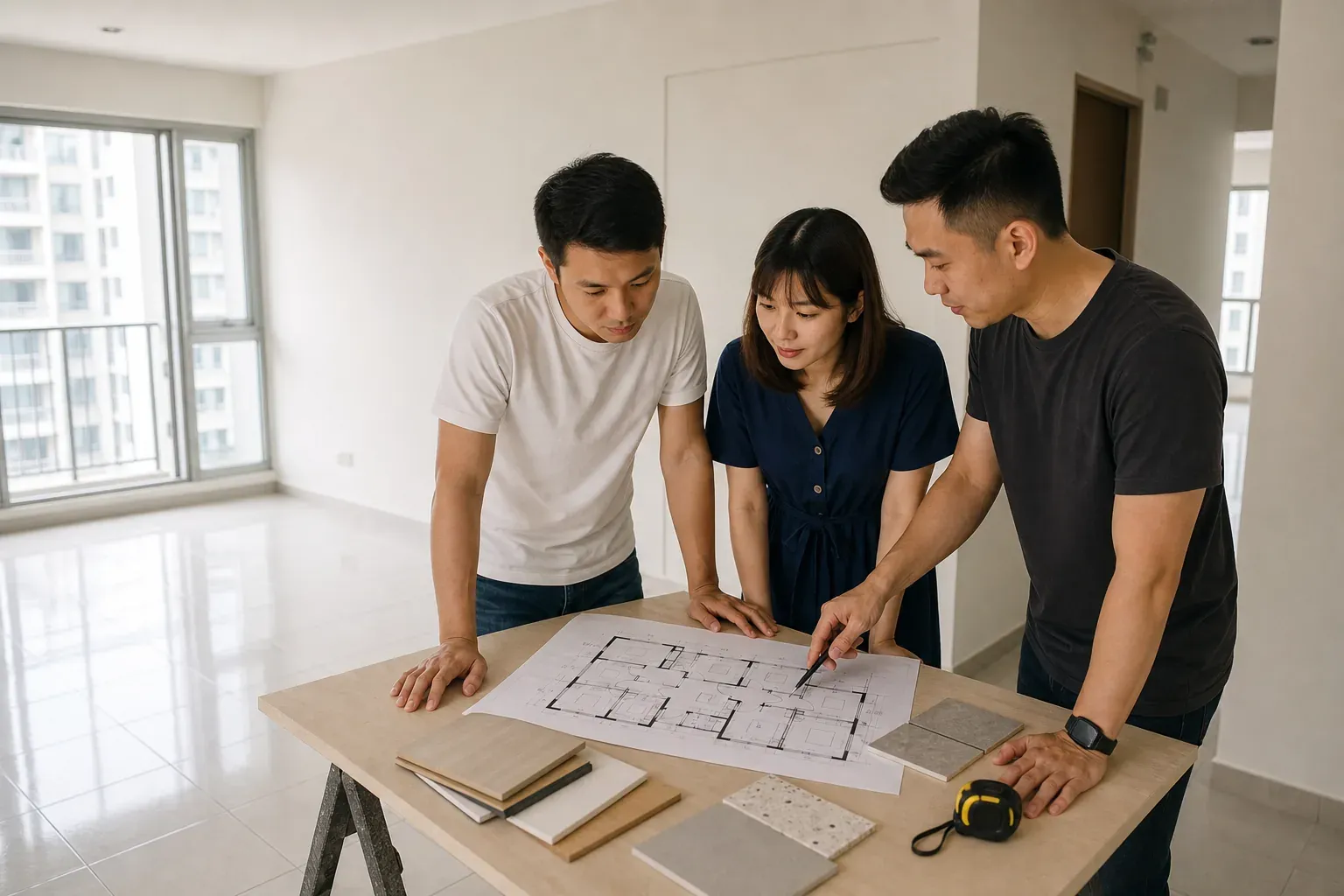 Singapore BTO homeowners reviewing a renovation floor plan in their new flat