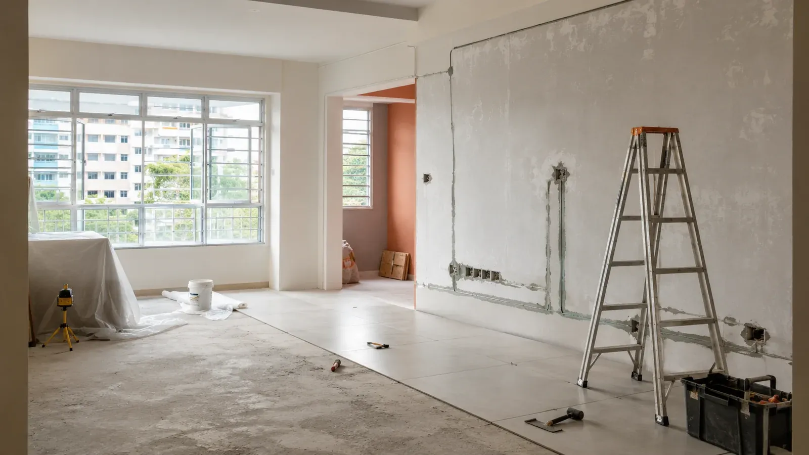 Singapore HDB interior mid-renovation with hacking, tiling and concealed wiring work in progress