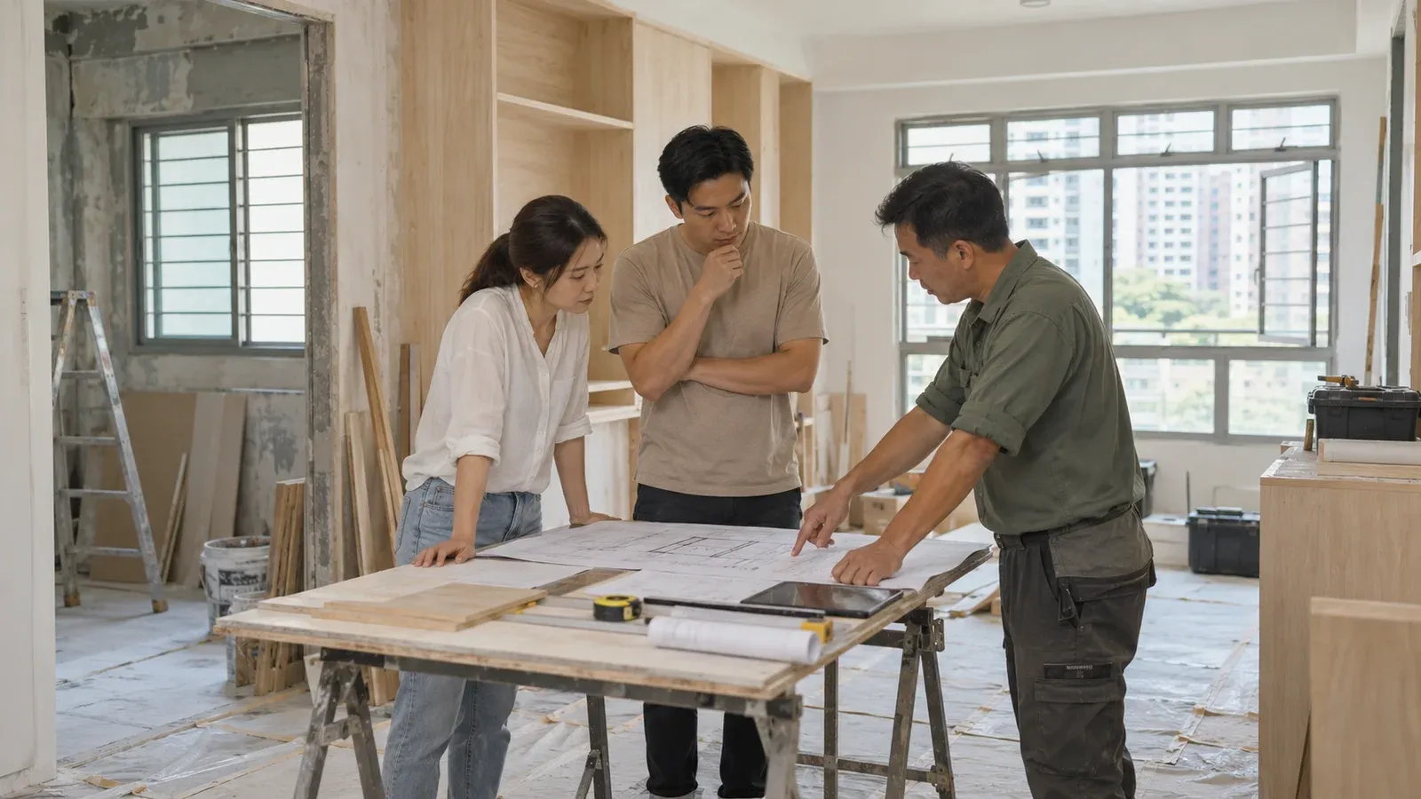 Singapore homeowners reviewing renovation progress and plans with their contractor inside an HDB flat