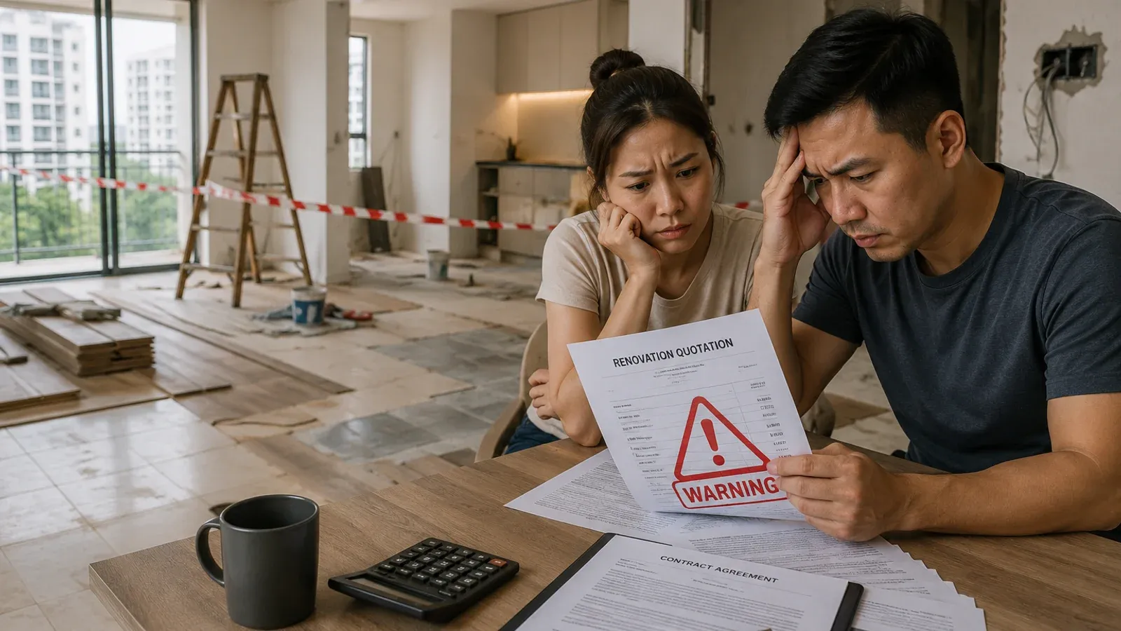 Worried homeowners reviewing a renovation quotation warning in a half-finished Singapore flat