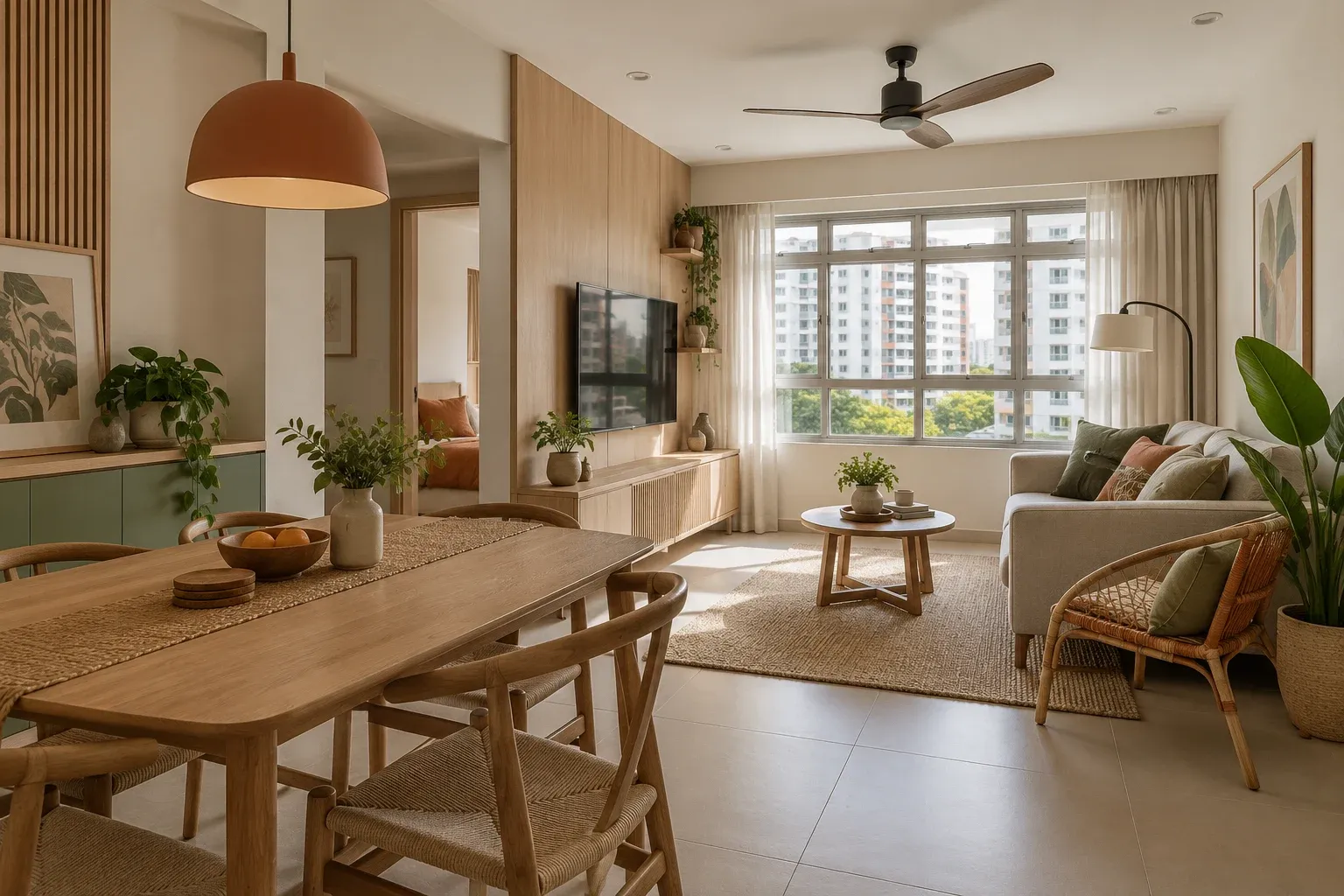 Warm modern Singapore HDB living and dining room with pale timber, muted green storage and tropical daylight