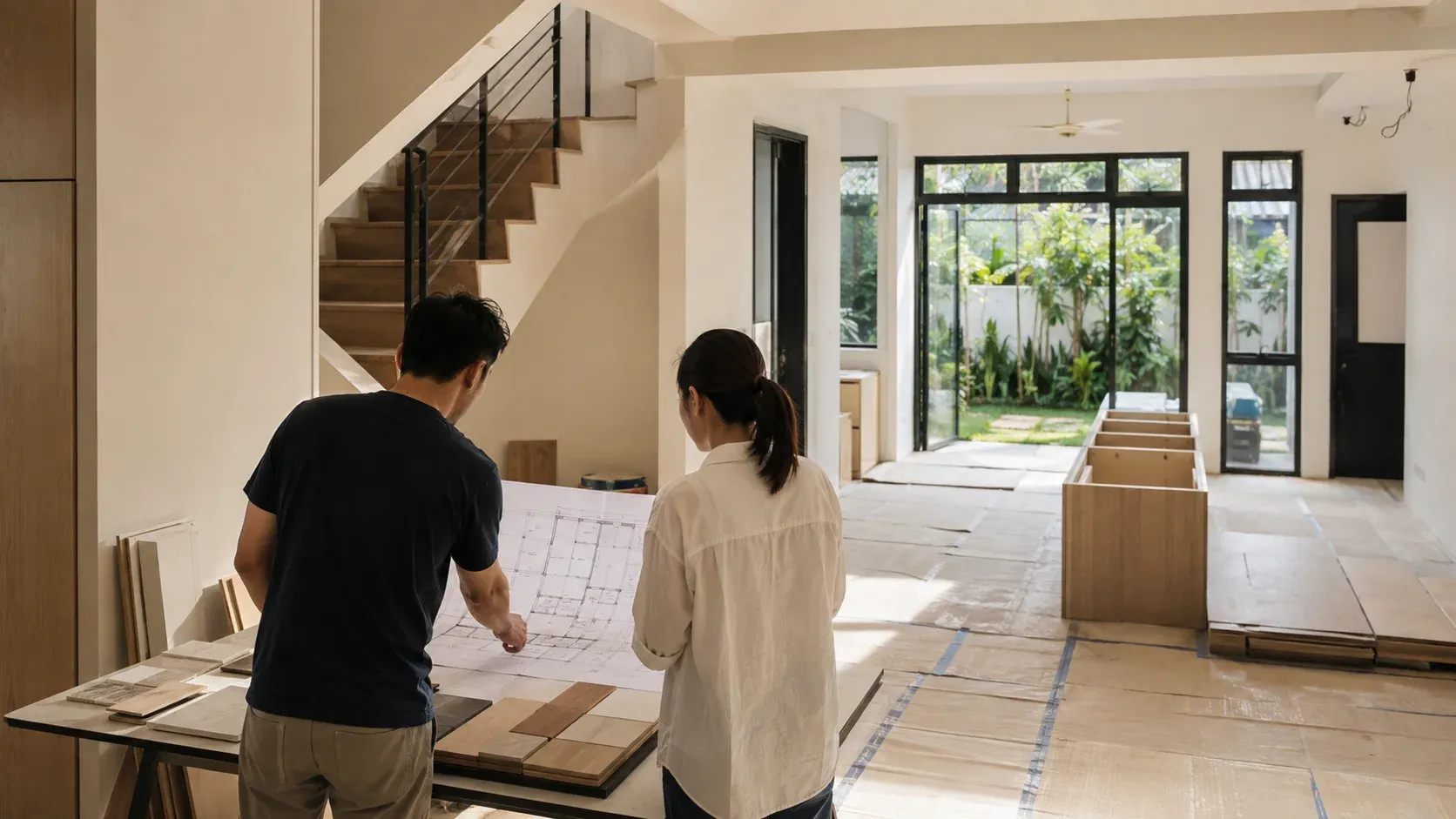 Homeowners reviewing floor plans and material samples in a Singapore landed house under renovation