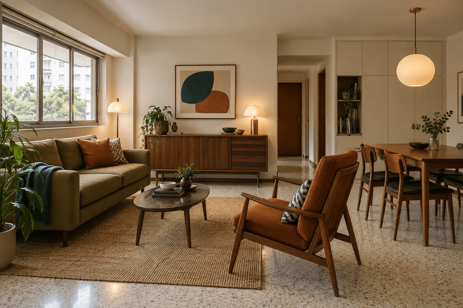 Mid-century-modern Singapore HDB living and dining room with walnut sideboard, olive sofa, rust lounge chair and globe lighting