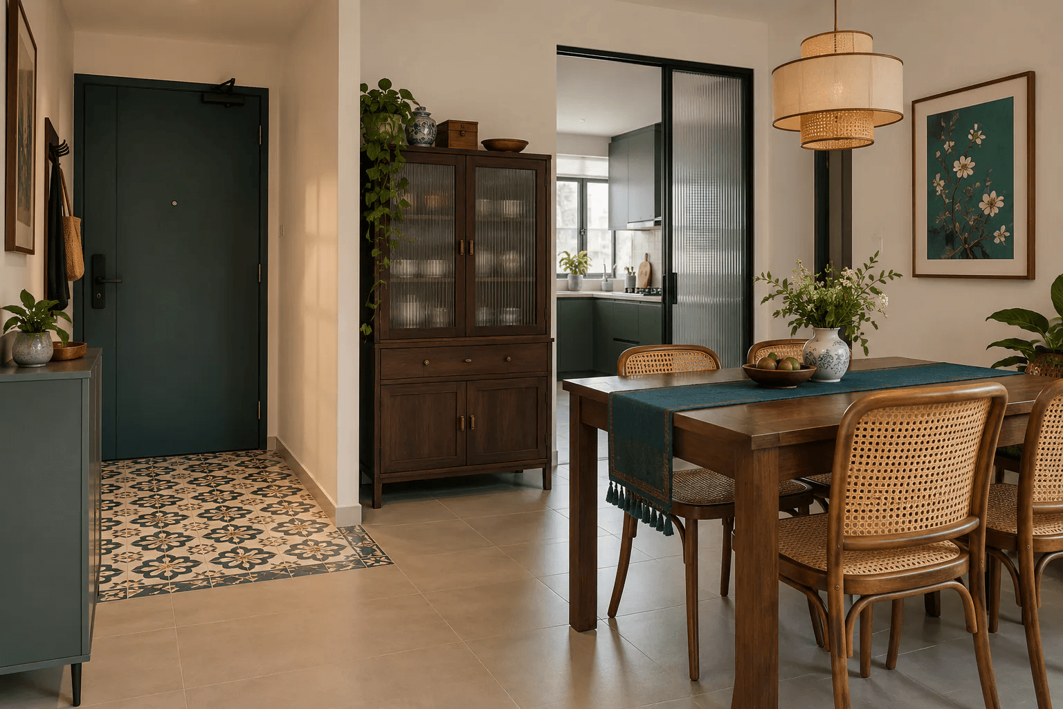 Modern-heritage Singapore HDB dining and entry area with a contained patterned-tile inset, dark timber cabinet, rattan chairs and fluted glass