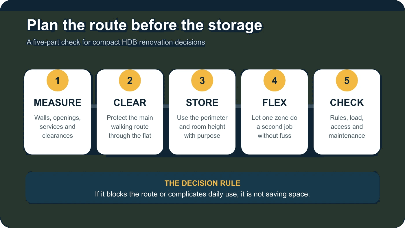 Five-step small HDB planning path: measure, clear, store, flex and check