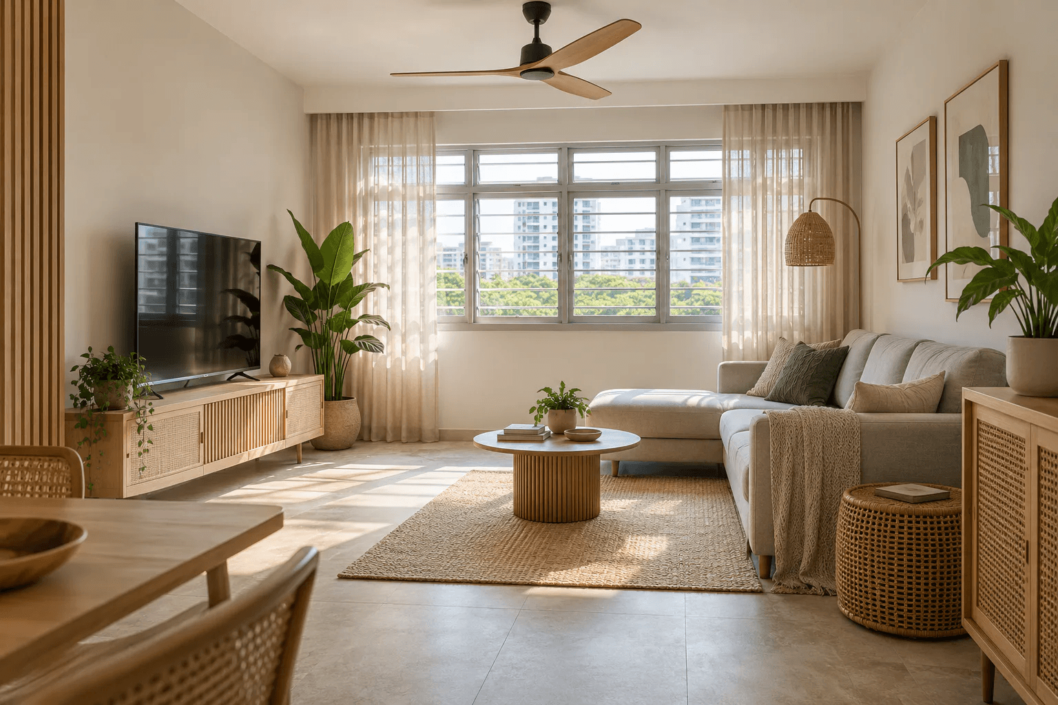 Tropical-modern Singapore HDB living room with clear windows, ceiling fan, light timber, woven accents and a few indoor plants